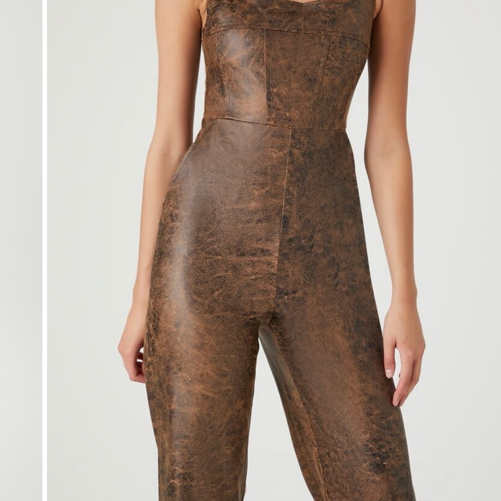 NWT Forever 21 Brown Faux Leather Sleeveless Jumpsuit